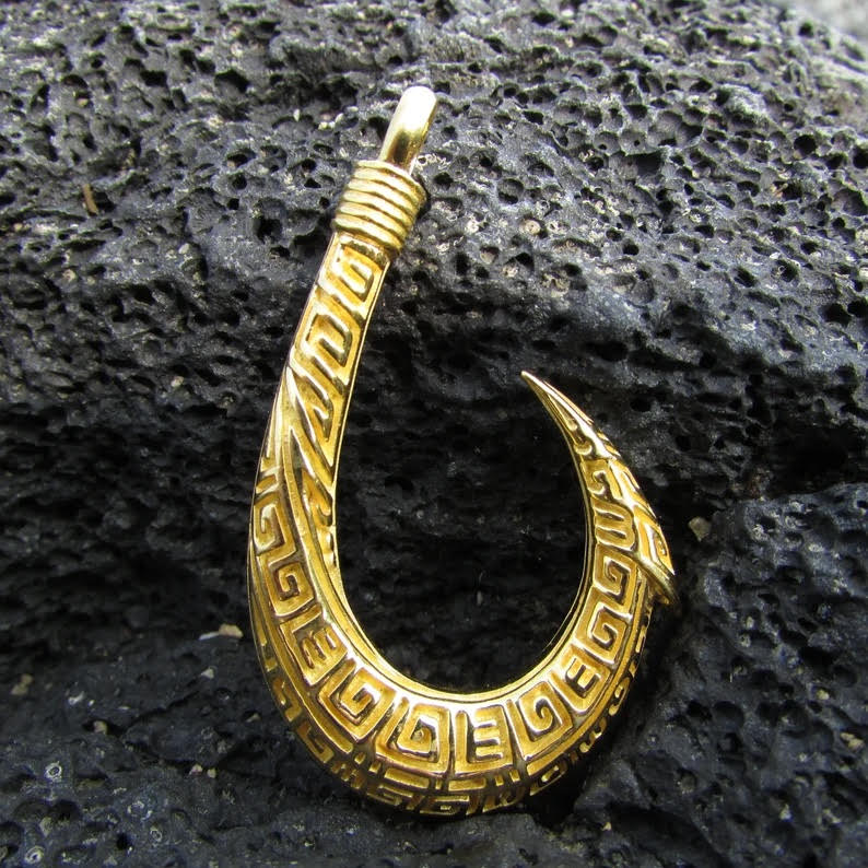 Tribal Collection - Gold Polynesian Hook Pendant. 18K Gold Vermeal &  Sterling Silver